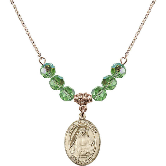 14kt Gold Filled Saint Edith Stein Birthstone Necklace with Peridot Beads - 8103