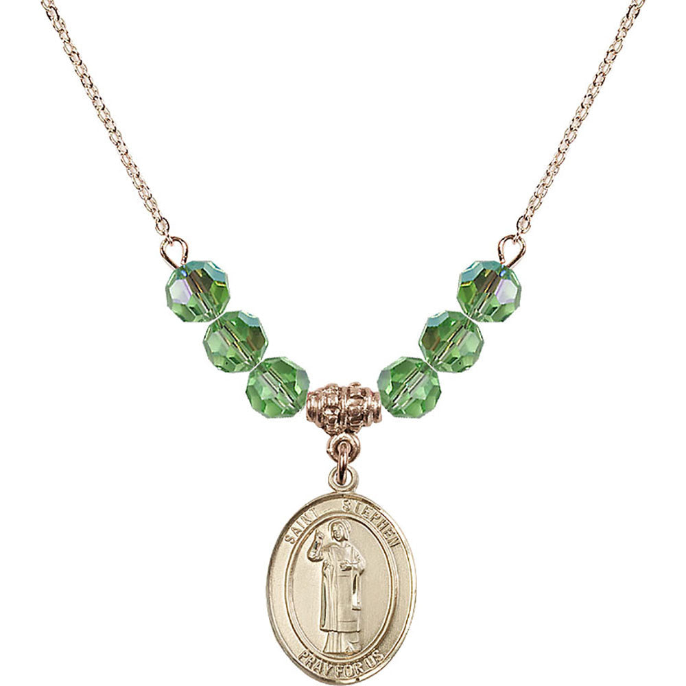 14kt Gold Filled Saint Stephen the Martyr Birthstone Necklace with Peridot Beads - 8104