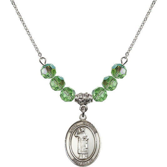 Sterling Silver Saint Stephen the Martyr Birthstone Necklace with Peridot Beads - 8104