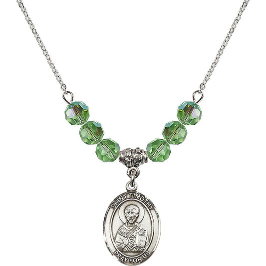 Sterling Silver Saint Timothy Birthstone Necklace with Peridot Beads - 8105