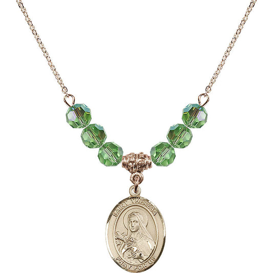 14kt Gold Filled Saint Theresa Birthstone Necklace with Peridot Beads - 8106