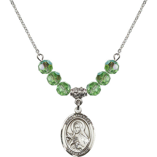 Sterling Silver Saint Theresa Birthstone Necklace with Peridot Beads - 8106