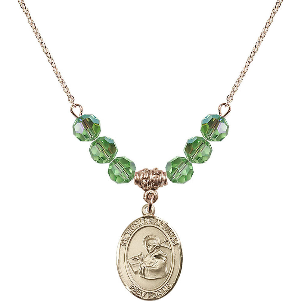 14kt Gold Filled Saint Thomas Aquinas Birthstone Necklace with Peridot Beads - 8108