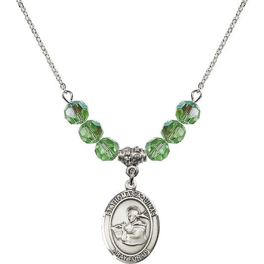 Sterling Silver Saint Thomas Aquinas Birthstone Necklace with Peridot Beads - 8108