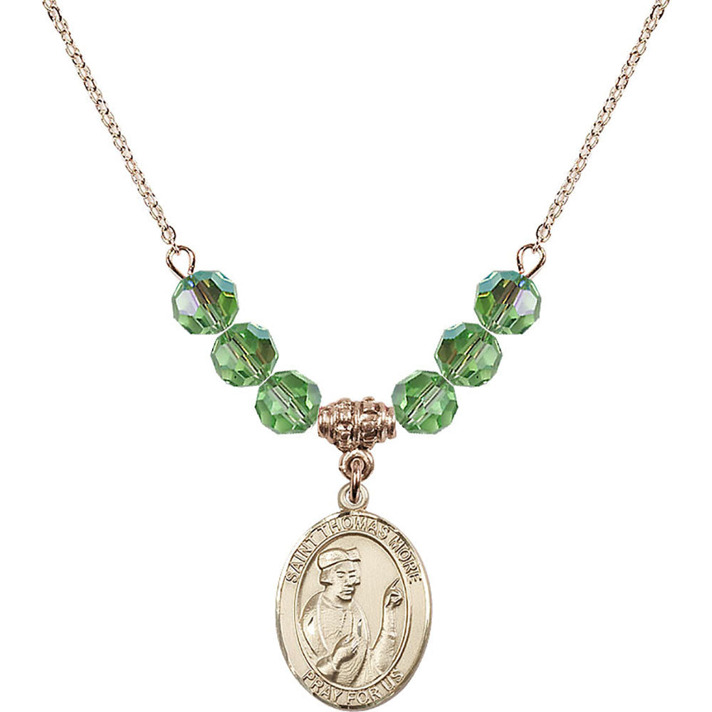 14kt Gold Filled Saint Thomas More Birthstone Necklace with Peridot Beads - 8109