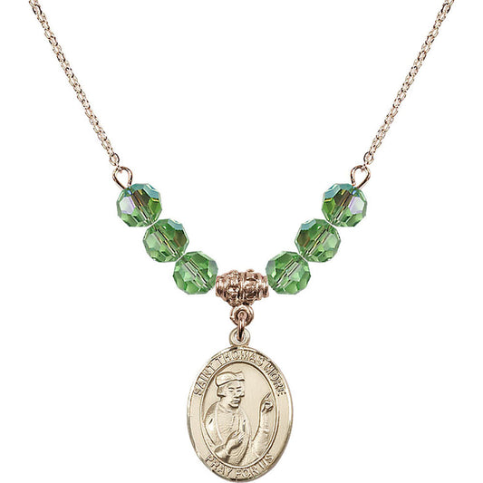 14kt Gold Filled Saint Thomas More Birthstone Necklace with Peridot Beads - 8109