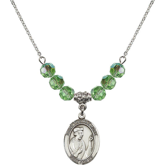 Sterling Silver Saint Thomas More Birthstone Necklace with Peridot Beads - 8109