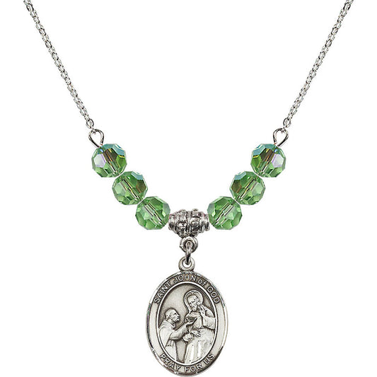 Sterling Silver Saint John of God Birthstone Necklace with Peridot Beads - 8112