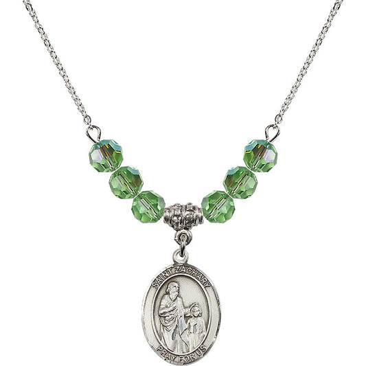Sterling Silver Saint Zachary Birthstone Necklace with Peridot Beads - 8116