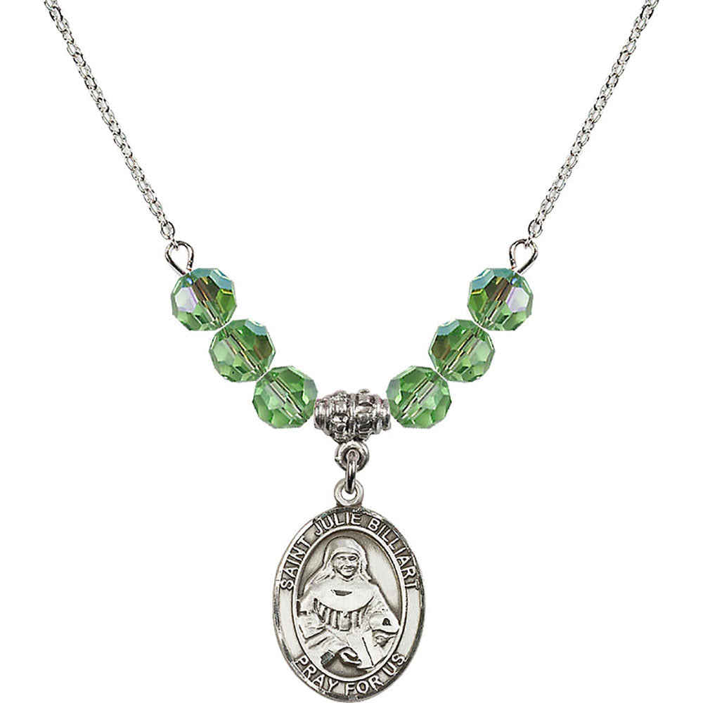 Sterling Silver Saint Julie Billiart Birthstone Necklace with Peridot Beads - 8117