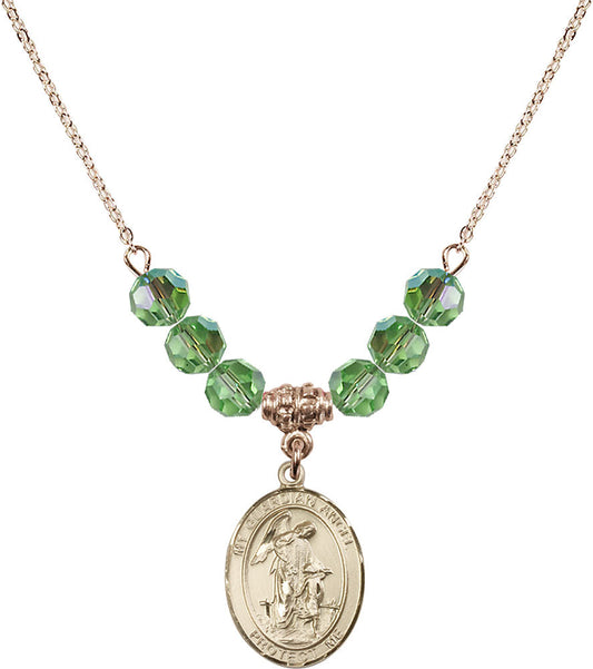 14kt Gold Filled Guardian Angel w/Child Birthstone Necklace with Peridot Beads - 8118