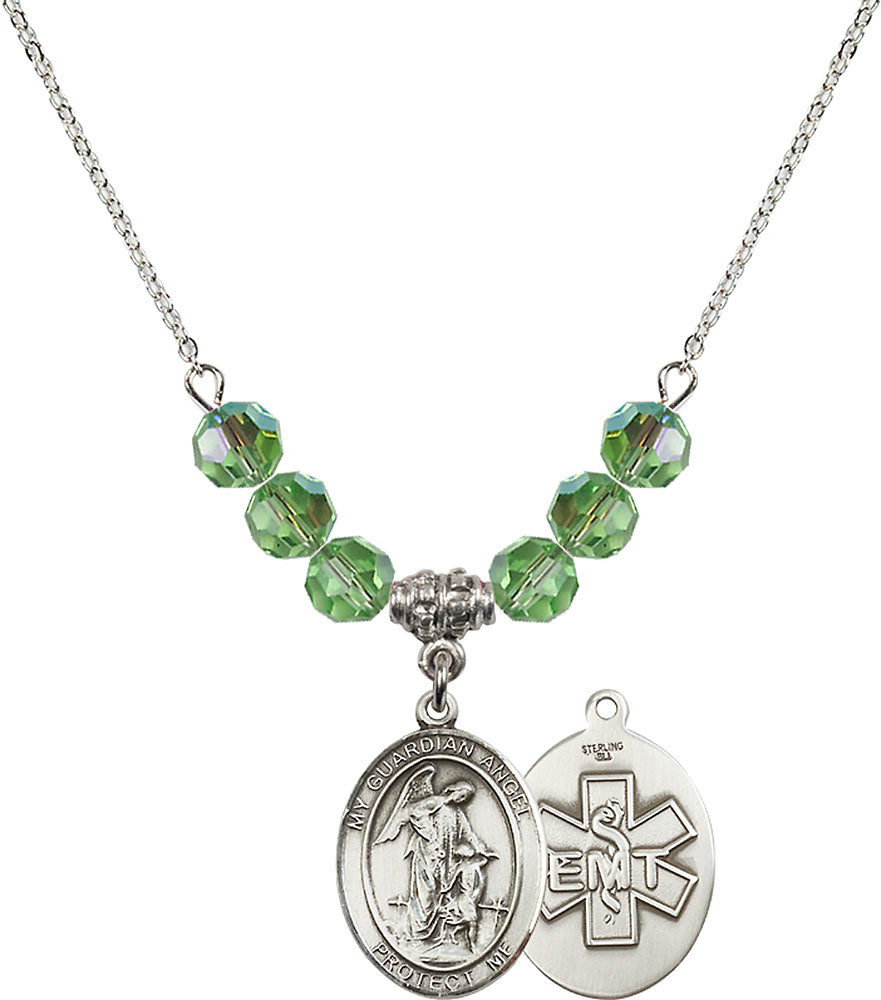 Sterling Silver Guardian Angel / EMT Birthstone Necklace with Peridot Beads - 8118