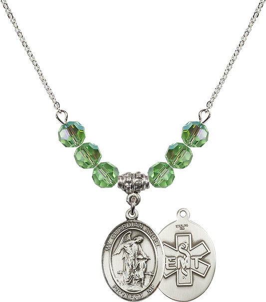 Sterling Silver Guardian Angel / EMT Birthstone Necklace with Peridot Beads - 8118