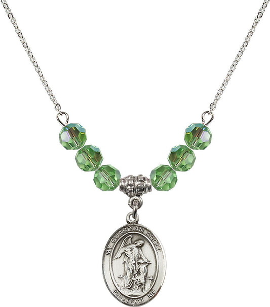 Sterling Silver Guardian Angel w/Child Birthstone Necklace with Peridot Beads - 8118