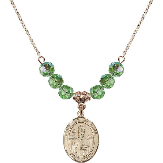 14kt Gold Filled Saint Leo the Great Birthstone Necklace with Peridot Beads - 8120