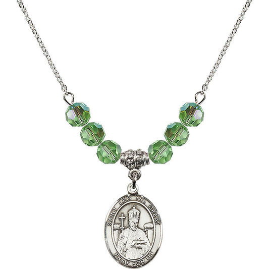 Sterling Silver Saint Leo the Great Birthstone Necklace with Peridot Beads - 8120