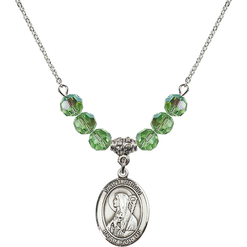 Sterling Silver Saint Brigid of Ireland Birthstone Necklace with Peridot Beads - 8123