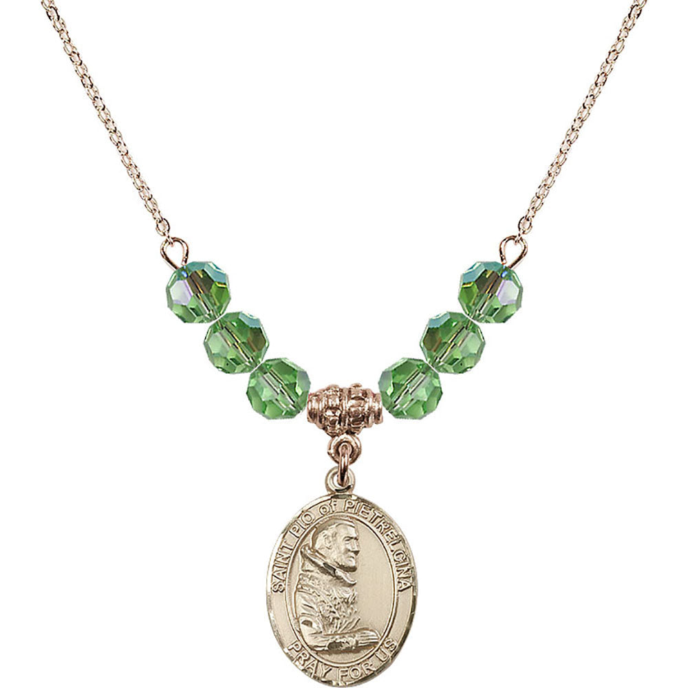 14kt Gold Filled Saint Pio of Pietrelcina Birthstone Necklace with Peridot Beads - 8125
