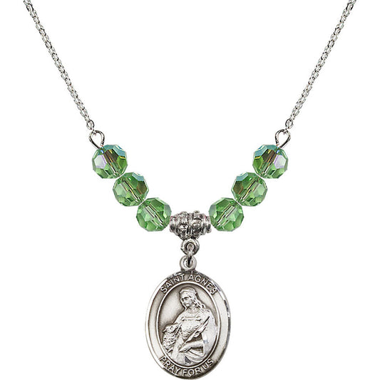 Sterling Silver Saint Agnes of Rome Birthstone Necklace with Peridot Beads - 8128