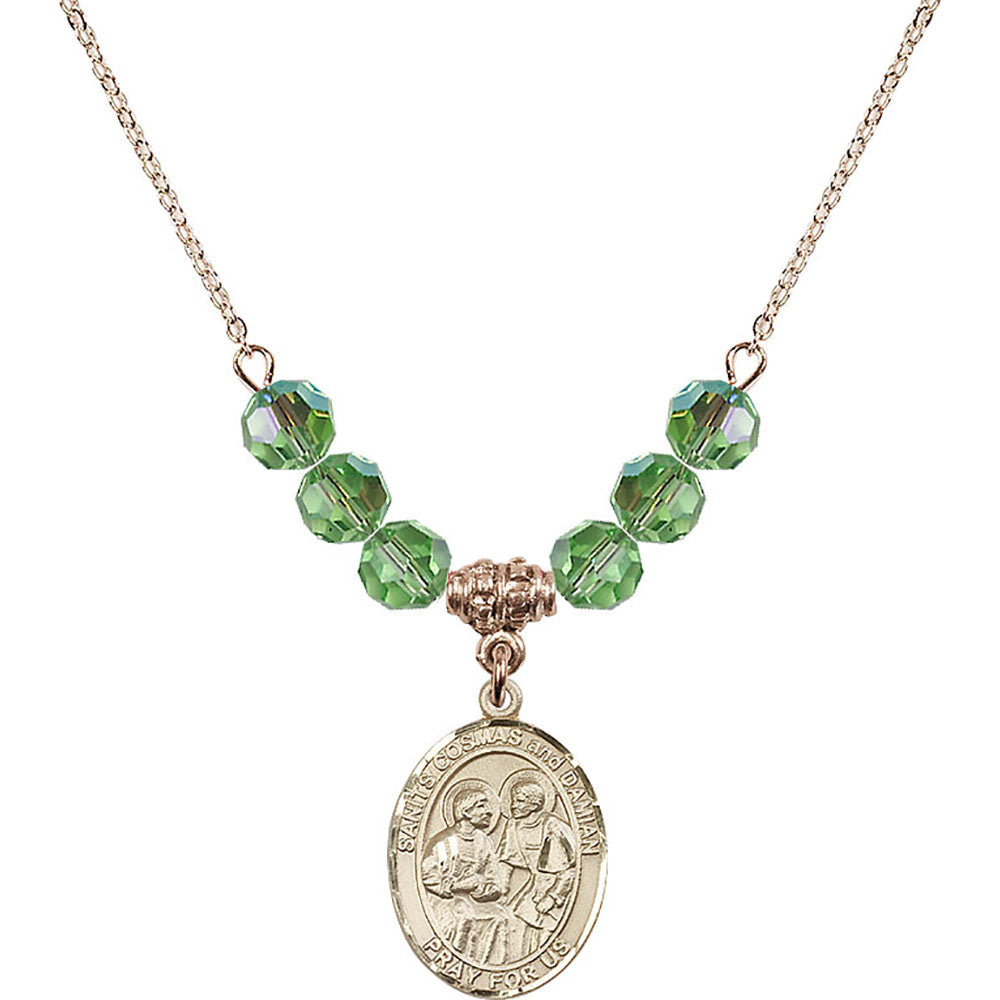14kt Gold Filled Saints Cosmas & Damian Birthstone Necklace with Peridot Beads - 8132