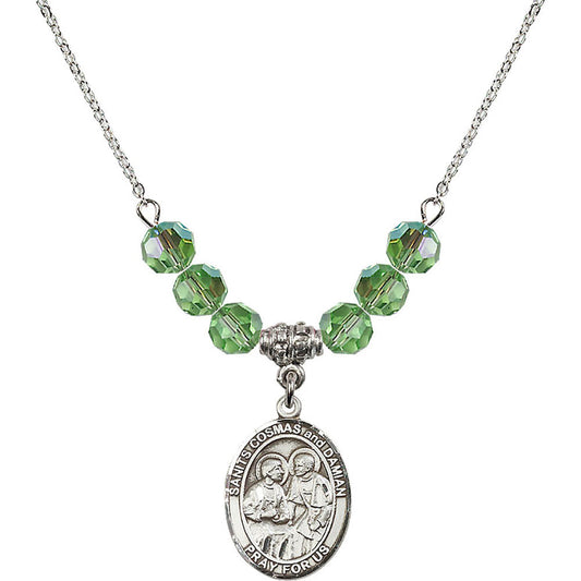 Sterling Silver Saints Cosmas & Damian Birthstone Necklace with Peridot Beads - 8132