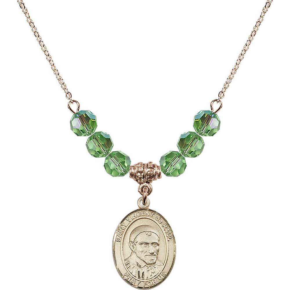 14kt Gold Filled Saint Vincent De Paul Birthstone Necklace with Peridot Beads - 8134
