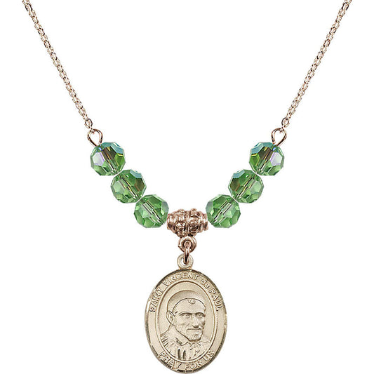 14kt Gold Filled Saint Vincent De Paul Birthstone Necklace with Peridot Beads - 8134