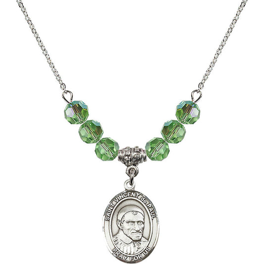 Sterling Silver Saint Vincent De Paul Birthstone Necklace with Peridot Beads - 8134