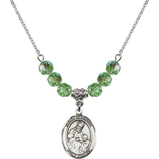 Sterling Silver Saint Ambrose Birthstone Necklace with Peridot Beads - 8137