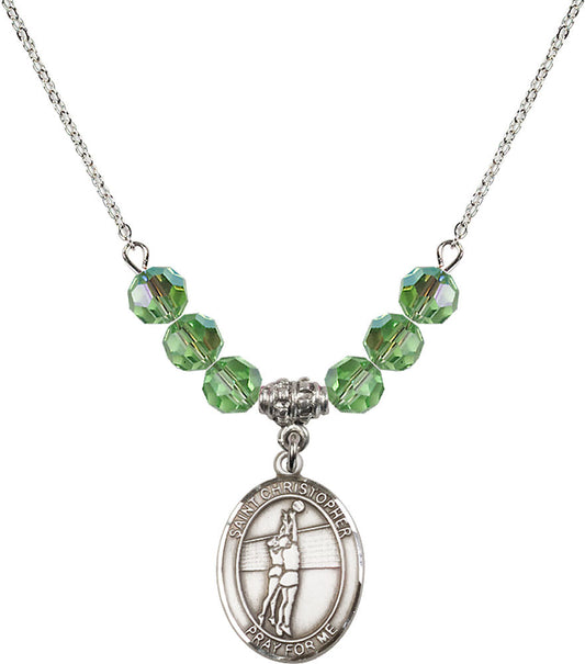 Sterling Silver Saint Christopher/Volleyball Birthstone Necklace with Peridot Beads - 8138
