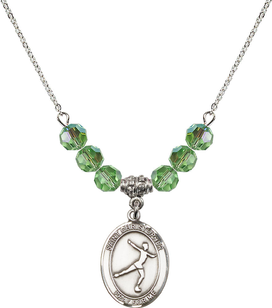 Sterling Silver Saint Christopher/Figure Skating Birthstone Necklace with Peridot Beads - 8139