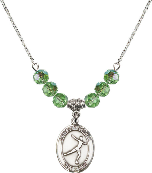 Sterling Silver Saint Christopher/Figure Skating Birthstone Necklace with Peridot Beads - 8139
