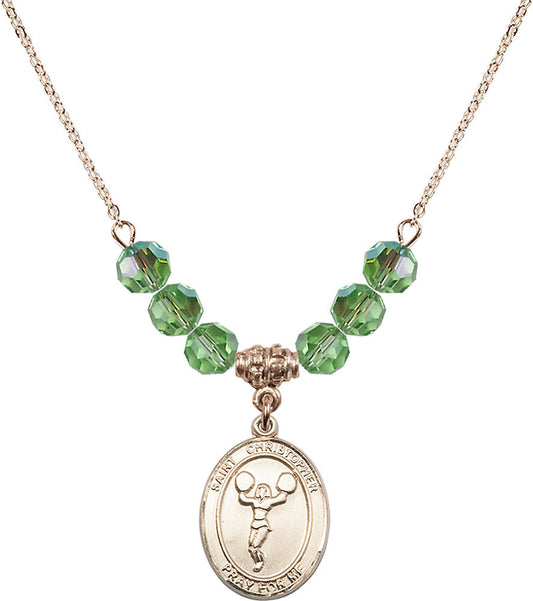 14kt Gold Filled Saint Christopher/Cheerleading Birthstone Necklace with Peridot Beads - 8140