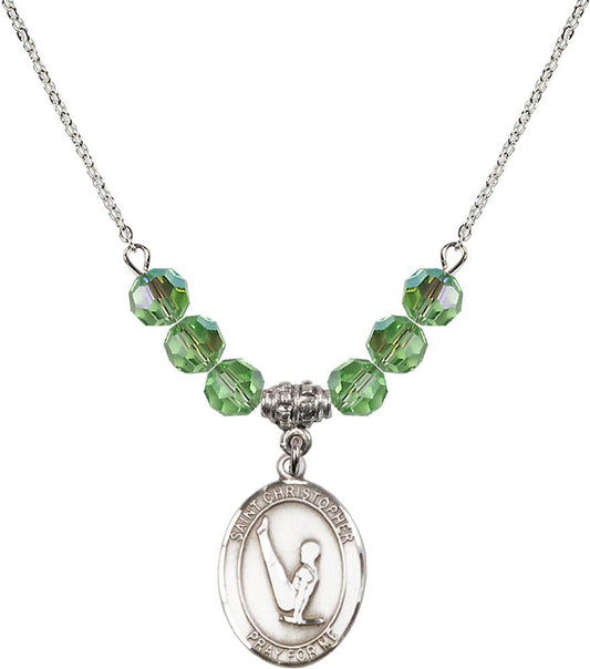Sterling Silver Saint Christopher/Gymnastics Birthstone Necklace with Peridot Beads - 8142