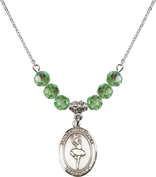 Sterling Silver Saint Christopher/Dance Birthstone Necklace with Peridot Beads - 8143