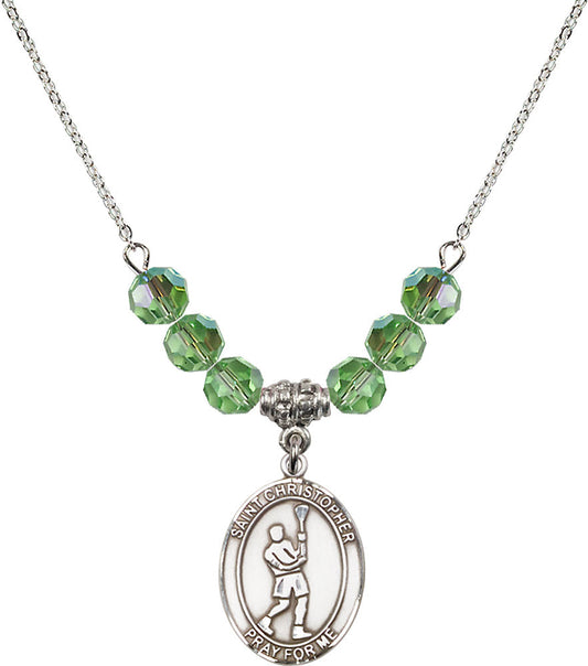 Sterling Silver Saint Christopher/Lacrosse Birthstone Necklace with Peridot Beads - 8144
