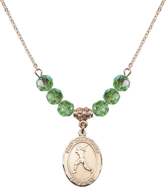 14kt Gold Filled Saint Christopher/Softball Birthstone Necklace with Peridot Beads - 8145