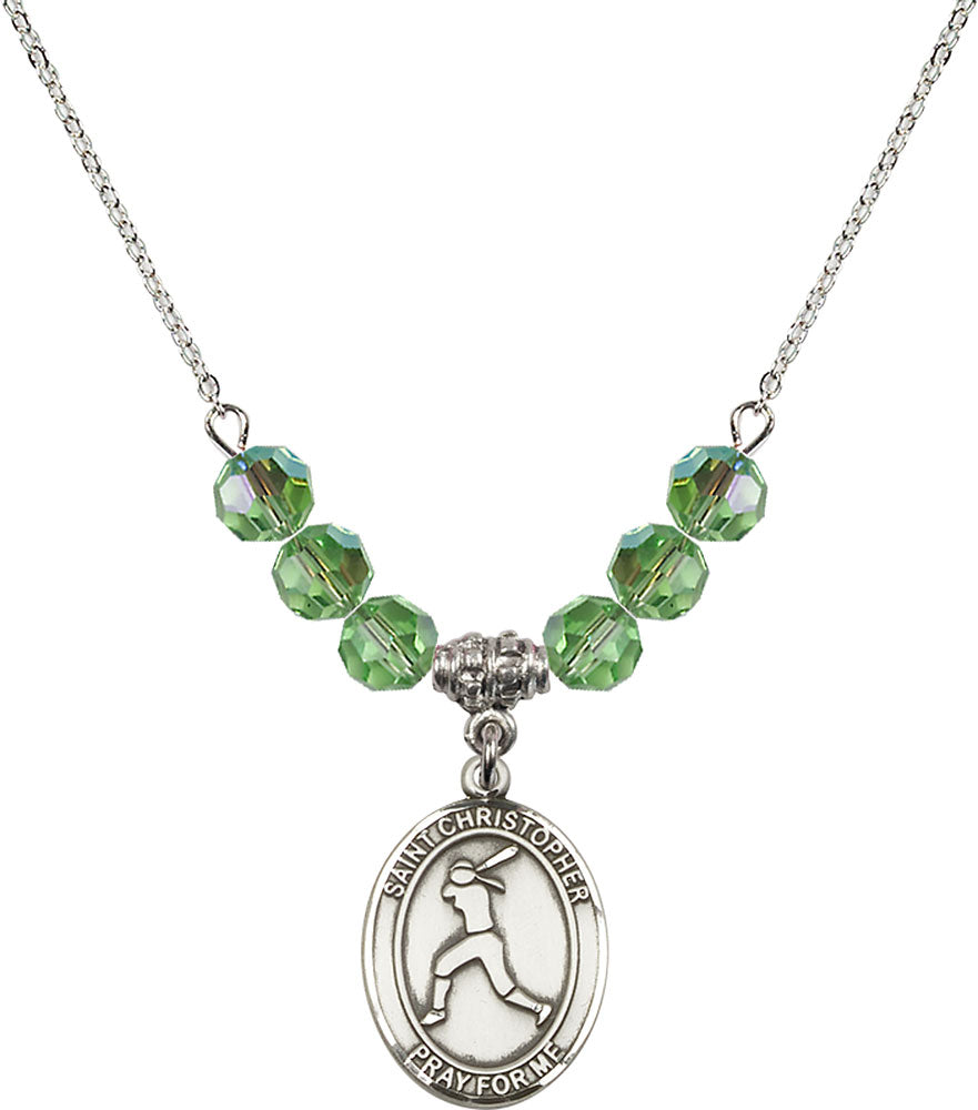 Sterling Silver Saint Christopher/Softball Birthstone Necklace with Peridot Beads - 8145