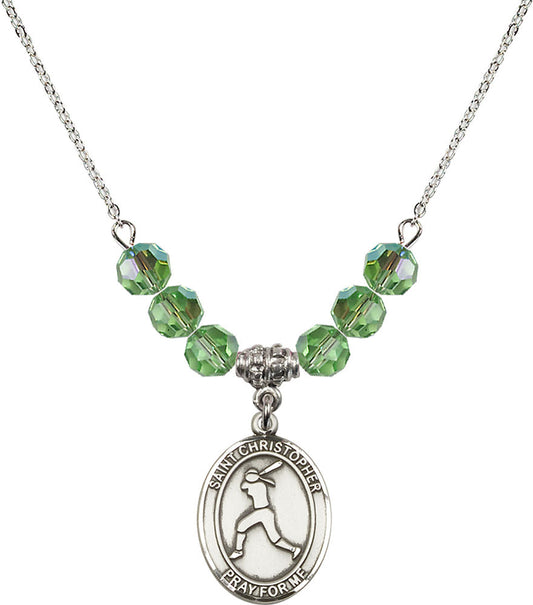 Sterling Silver Saint Christopher/Softball Birthstone Necklace with Peridot Beads - 8145
