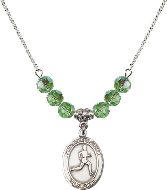 Sterling Silver Saint Christopher/Track & Field Birthstone Necklace with Peridot Beads - 8149