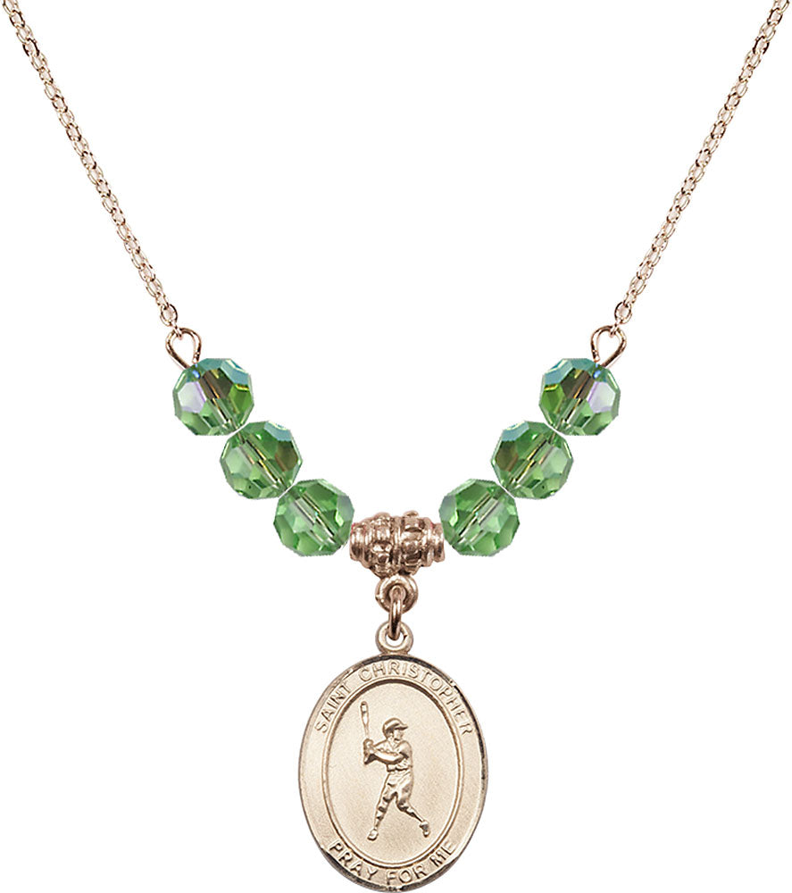 14kt Gold Filled Saint Christopher/Baseball Birthstone Necklace with Peridot Beads - 8150