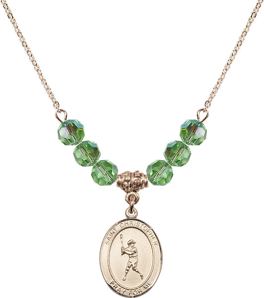 14kt Gold Filled Saint Christopher/Baseball Birthstone Necklace with Peridot Beads - 8150