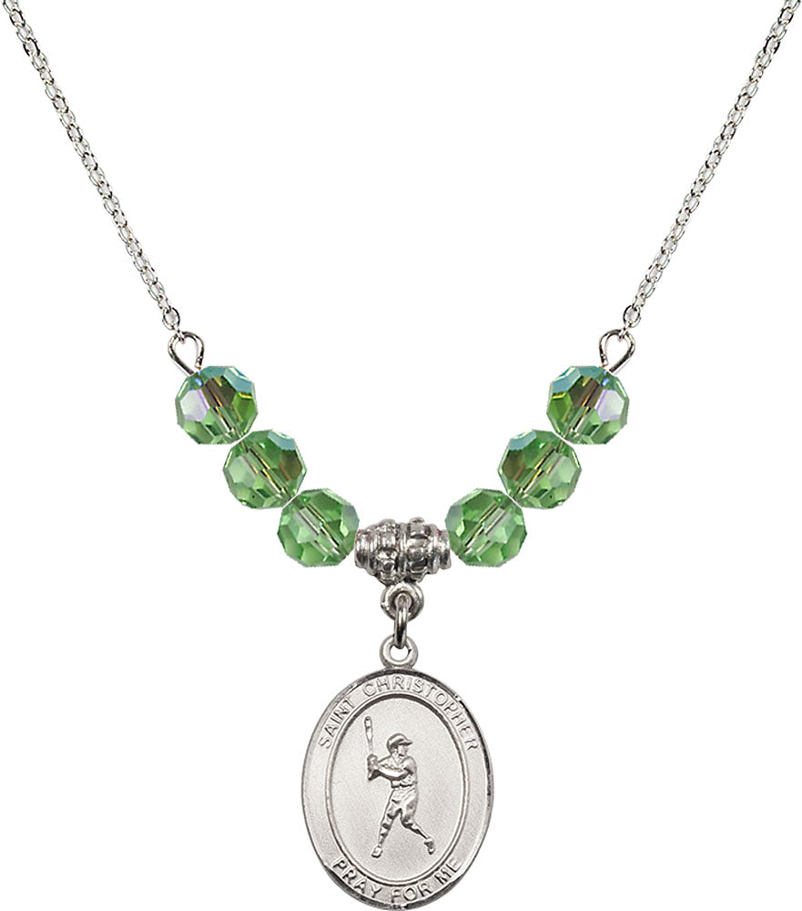 Sterling Silver Saint Christopher/Baseball Birthstone Necklace with Peridot Beads - 8150