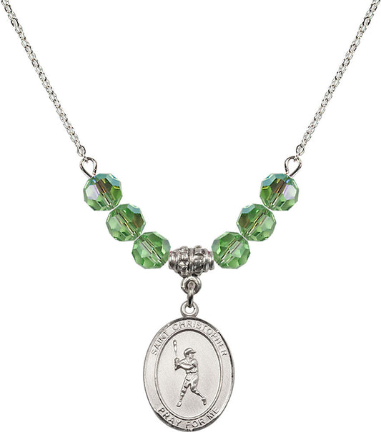 Sterling Silver Saint Christopher/Baseball Birthstone Necklace with Peridot Beads - 8150