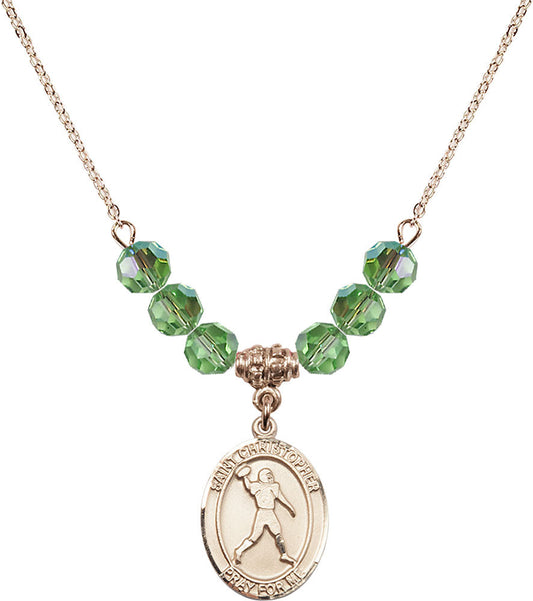 14kt Gold Filled Saint Christopher/Football Birthstone Necklace with Peridot Beads - 8151