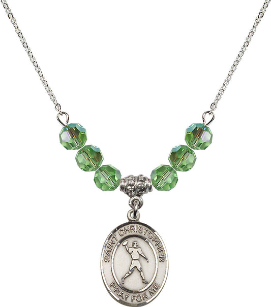 Sterling Silver Saint Christopher/Football Birthstone Necklace with Peridot Beads - 8151