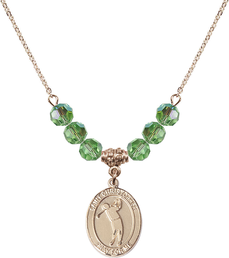 14kt Gold Filled Saint Christopher/Golf Birthstone Necklace with Peridot Beads - 8152