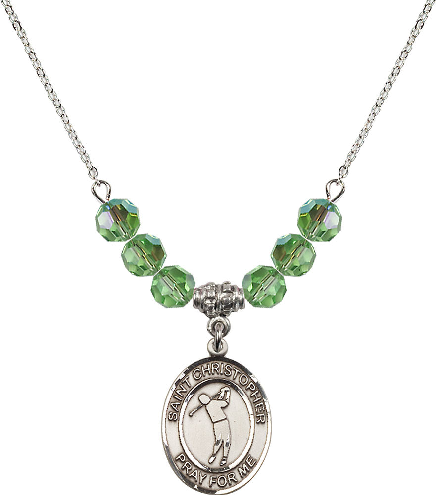 Sterling Silver Saint Christopher/Golf Birthstone Necklace with Peridot Beads - 8152