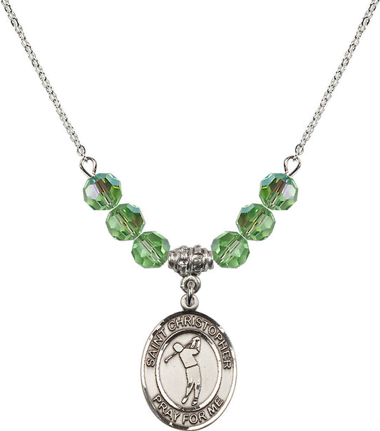 Sterling Silver Saint Christopher/Golf Birthstone Necklace with Peridot Beads - 8152