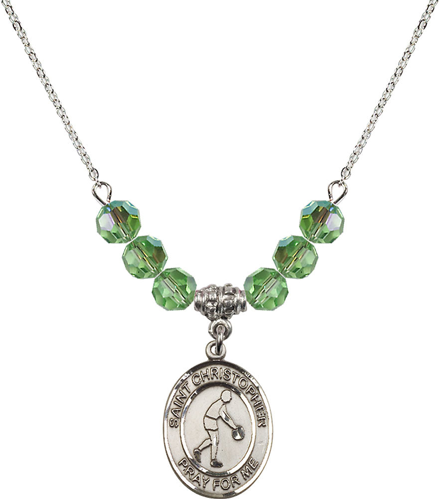 Sterling Silver Saint Christopher/Basketball Birthstone Necklace with Peridot Beads - 8153
